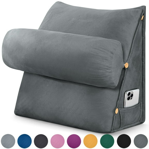 TOPCHANCES Wedge Reading Pillow, Orthopedic Wedge Bed Pillow Set, Backrest Support Cushion with Detachable Neck Roll (Dark Gray)