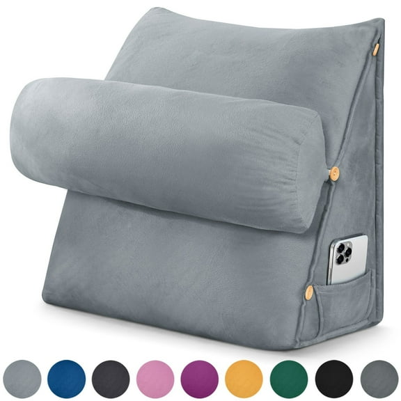 TOPCHANCES Wedge Reading Pillow, Orthopedic Wedge Bed Pillow Set, Backrest Support Cushion with Detachable Neck Roll (Gray)