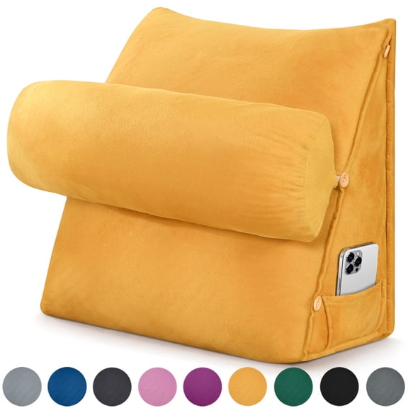 TOPCHANCES Wedge Reading Pillow, Orthopedic Wedge Bed Pillow Set, Backrest Support Cushion with Detachable Neck Roll (Yollow)