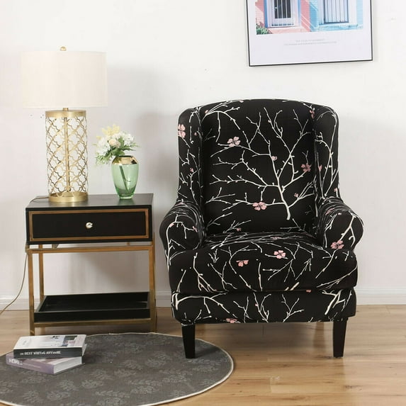 TOPCHANCES Wing Chair Slipcover Wingback Armchair Chair Slipcovers Sofa Covers 2-Piece Spandex Fabric Wing Back Wingback Armchair Chair Slipcovers, Black