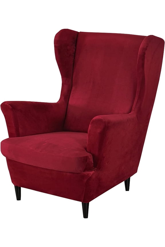 Wingback Armchair Slipcovers, Stretch Velvet Wing Chair Cover (Wine Red)