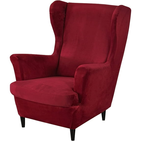 TOPCHANCES Wingback Armchair Slipcovers, Stretch Velvet Wing Chair Cover (Wine Red)