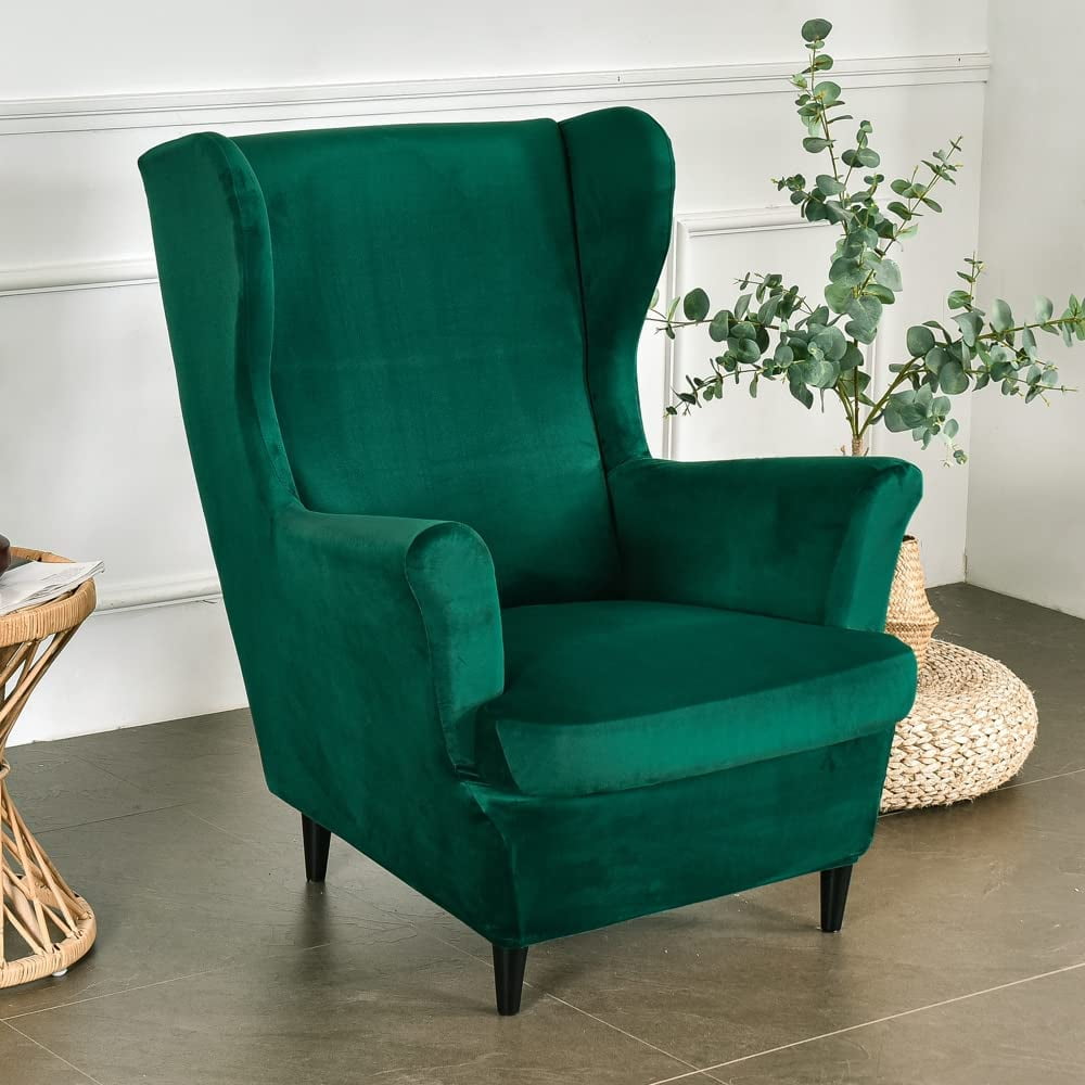 TOPCHANCES Wingback Chair Covers Stretch Velvet Wing Chair Armchair Slipcover Furniture Protector For Living Room Bedroom Dark Green Walmart