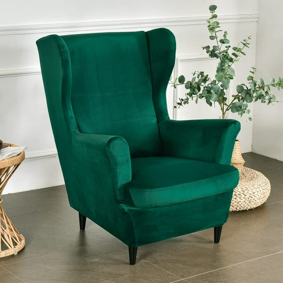 TOPCHANCES Wingback Chair Covers, Stretch Velvet Wing Chair Armchair Slipcover Furniture Protector For Living Room Bedroom, Dark Green