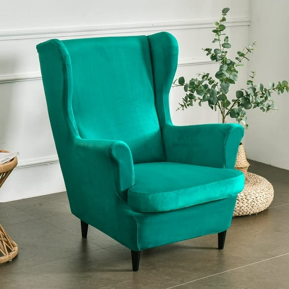 TOPCHANCES Wingback Chair Covers, Stretch Velvet Wing Chair Armchair Slipcover Furniture Protector For Living Room Bedroom, Malachite Green