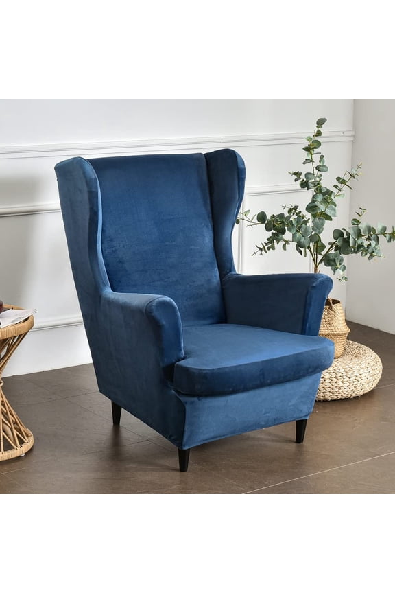 Wingback Chair Covers, Stretch Velvet Wing Chair Armchair Slipcover Furniture Protector For Living Room Bedroom, Navy Blue