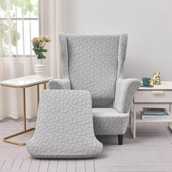TOPCHANCES Wingback Chair Slipcovers, Stretch Jacquard Wing Chair Cover with Cushion Cover, Armchair Protector for Living Room Bedroom (Light Gray)