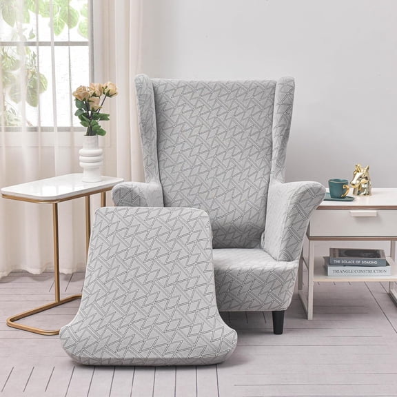 TOPCHANCES Wingback Chair Slipcovers, Stretch Jacquard Wing Chair Cover with Cushion Cover, Armchair Protector for Living Room Bedroom (Light Gray)