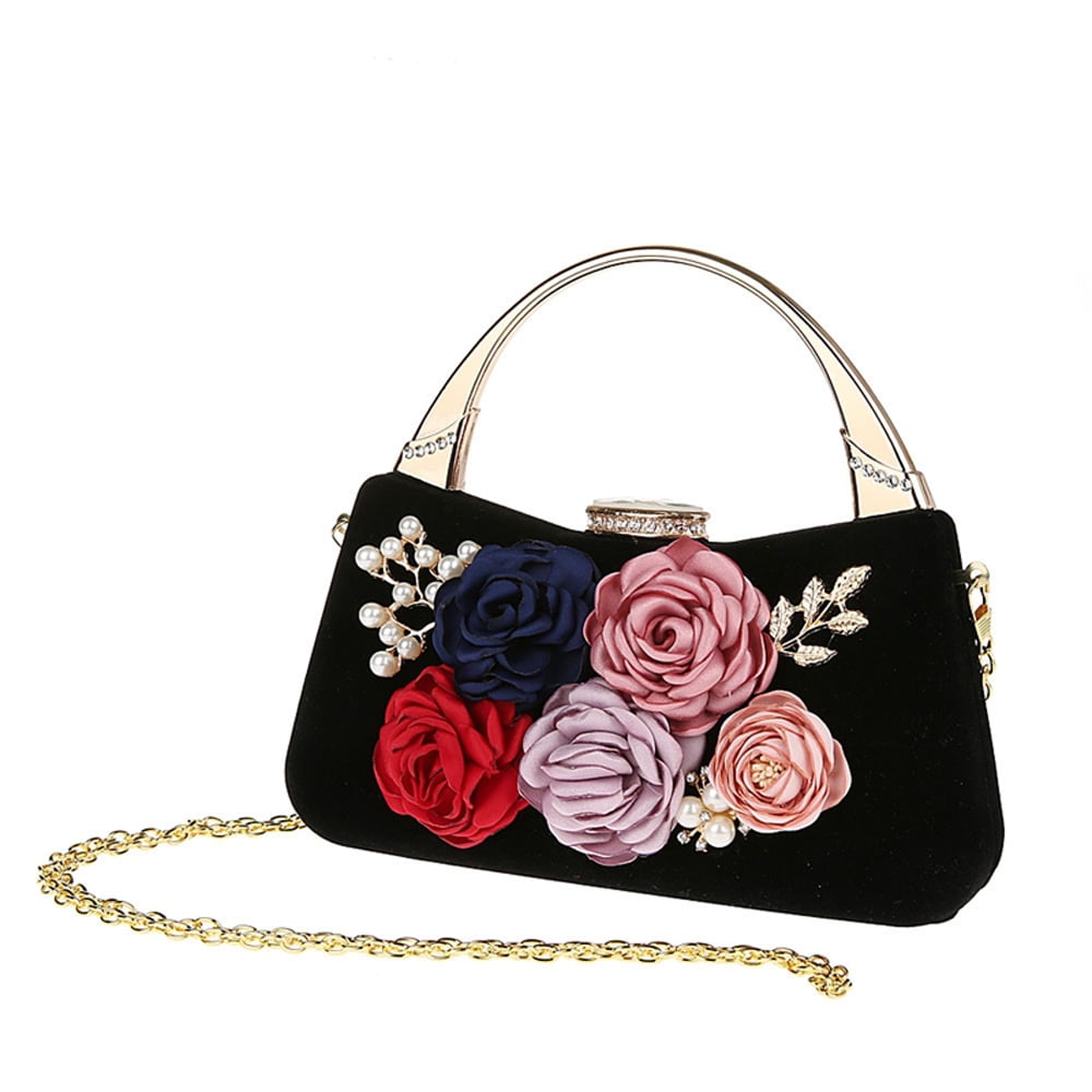 Black Satin Embroideried Clutch Bags Pearls Beads Evening Bags