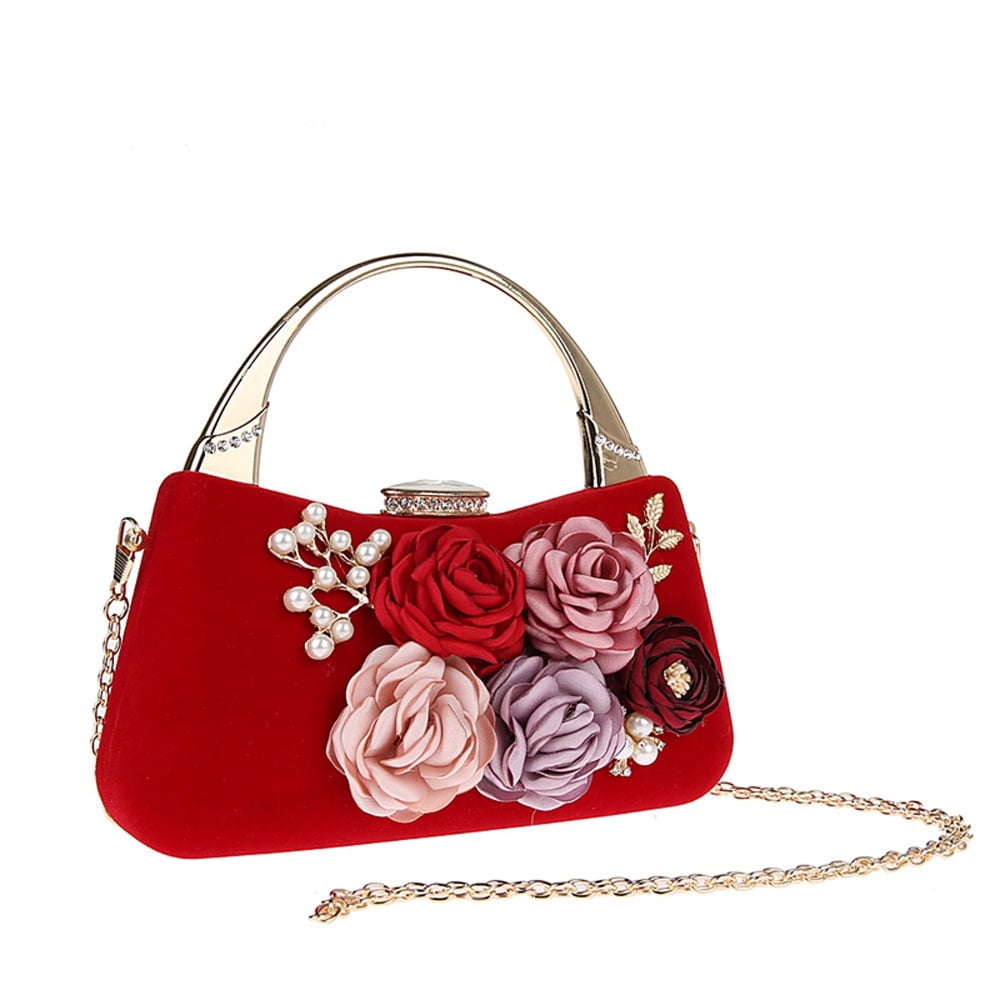 topfive Women Pearls Beaded Clutch Light Luxury Wedding Pearls Purse Evening Handbag with Floral Texture