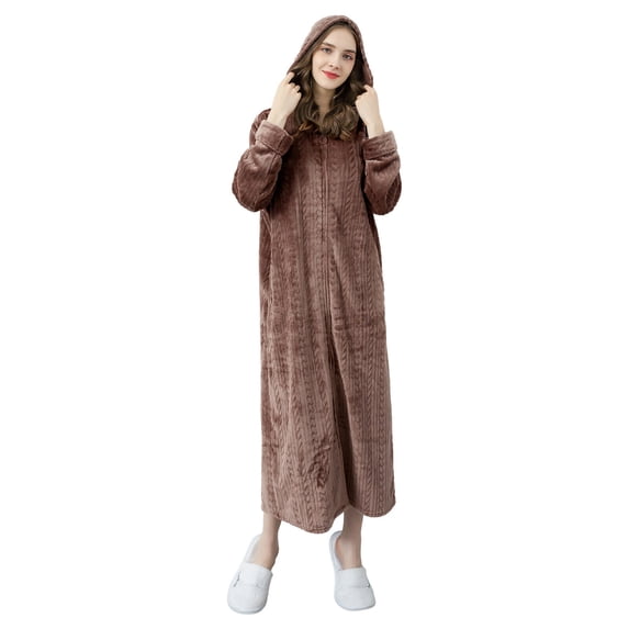 TOPCHANCES Womens Flannel Hooded Long Robe, Winter Thick Warm Bathrobes with Pockets & Zipper, (Coffee, XL)