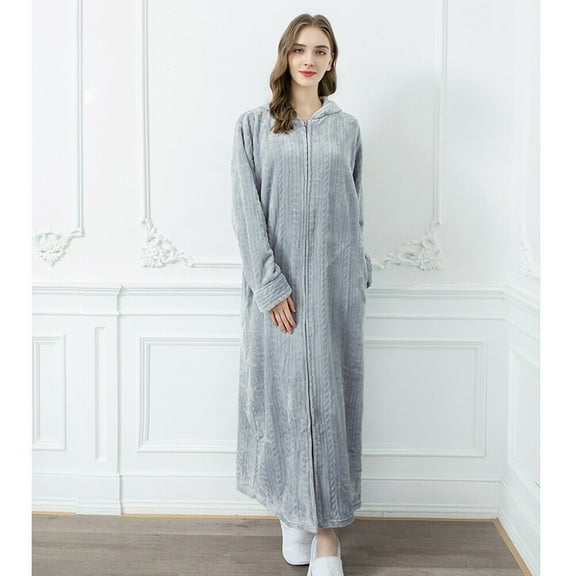 TOPCHANCES Womens Flannel Hooded Long Robe, Winter Thick Warm Bathrobes with Pockets & Zipper, (Light Gray, M)