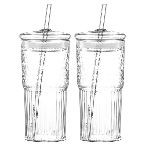 TOPCOMFY 2 Pcs 20 oz Glass Straw Cup Vertical Pattern High Borosilicate Heat Resistant Glass with Lid for Juice Milk and Cold Drinks, Clear