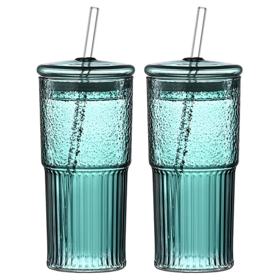TOPCOMFY 2 Pcs 20 oz Glass Straw Cup Vertical Pattern High Borosilicate Heat Resistant Glass with Lid for Juice Milk and Cold Drinks, Green