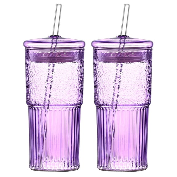 TOPCOMFY 2 Pcs 20 oz Glass Straw Cup Vertical Pattern High Borosilicate Heat Resistant Glass with Lid for Juice Milk and Cold Drinks, Purple