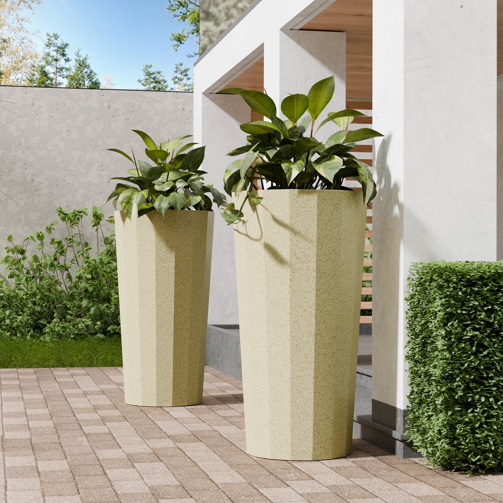 TOPCOMFY 23.6" Tall Large Outdoor Planters for Porch Decor with Drainage Hole, Wide Stripe Design Flower Pots, 23.6"*13"*23.6" (2 Pack), Beige