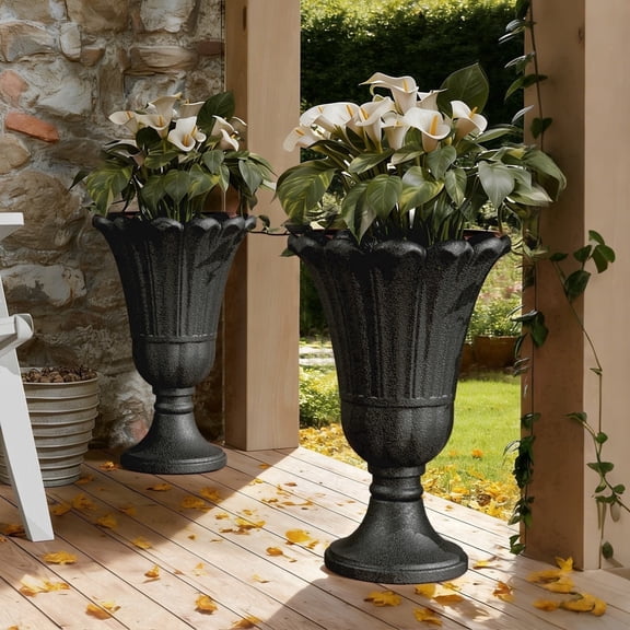TopComfy 23.6" Tall Plastic Urn Planters for Outdoor Plants Set of 2 Heavy-Duty Classic Indoor Large Flower Pots with Drainage Holes for Garden, Black