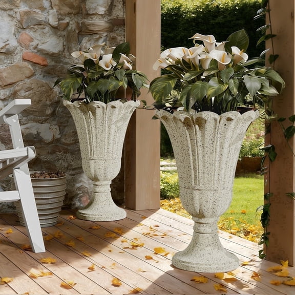 TopComfy 23.6" Tall Outdoor Planters for Plants, Set of 2 Large Plastic Flower Pots with Drainage Holes & Petal Design, Indoor Outdoor Urn Planters for Porch, Patio & Garden, White