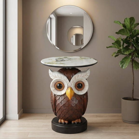 TOPCOMFY 27" Modern Owl Statue Side Table Round Faux Marble Top Accent Pedestal with Sculpture Base for Entryway & Living Room, Brown