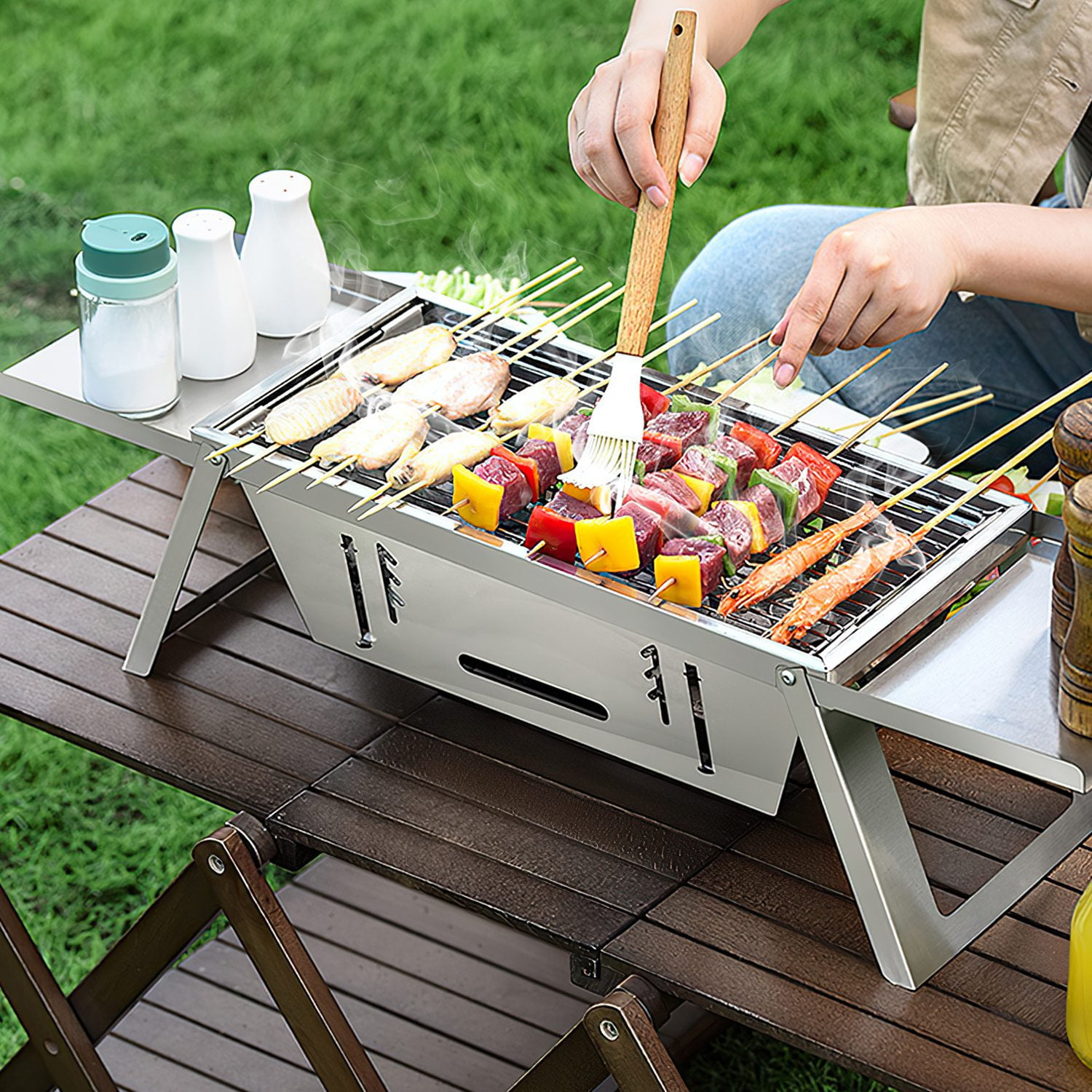 TOPCOMFY 3-in-1 Portable Charcoal Grill, Foldable Design with Adjustable Fire Grate, Stainless Steel for Camping, Tailgates, and BBQs