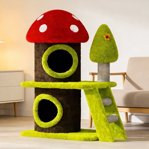 TOPCOMFY 30.7-Inch Modern Cat Tree Tower with Mushroom-Themed Cat House and Sisal Scratching Posts for Indoor Use and Multi-Cat Households