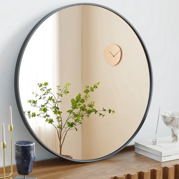 TOPCOMFY 30 Inch Round Wall Mirror High-Definition Reflection with Aluminum Alloy Frame for Bathroom and Living Room, Black