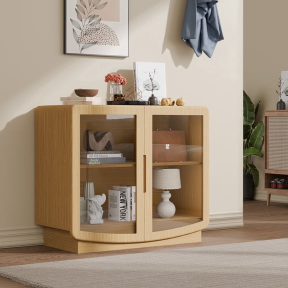 TOPCOMFY 35-Inch Wood Storage Cabinet with Glass Doors Accent Sideboard Organizer Adjustable Shelves Large Capacity for Living Room Entryway Bedroom Walnut