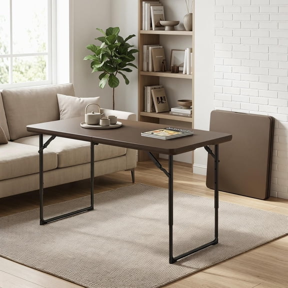 TOPCOMFY 4-Ft Folding Table Fold in Half Utility Table Adjustable Height Portable Dining Table for Indoor Outdoor Picnic Party, Brown