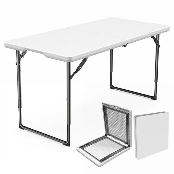 TOPCOMFY 4-Ft Folding Table Fold in Half Utility Table Adjustable Height Portable Dining Table for Indoor Outdoor Picnic Party, White