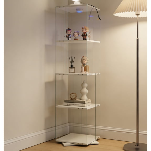 TopComfy 4 Layer Glass Display Cabinet Tempered Glass Storage Showcase with Adjustable Shelves and Door for Room, White, 14.96"*14.96"*63.19"