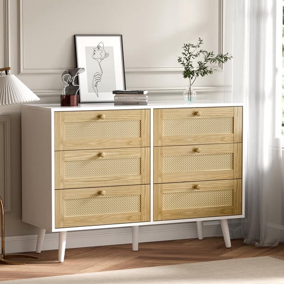 TOPCOMFY 6 Drawer Rattan Dresser for Bedroom, Sideboard Buffet Cabinet with Storage, Coffee Bar Cabinet with 6 Drawers-White
