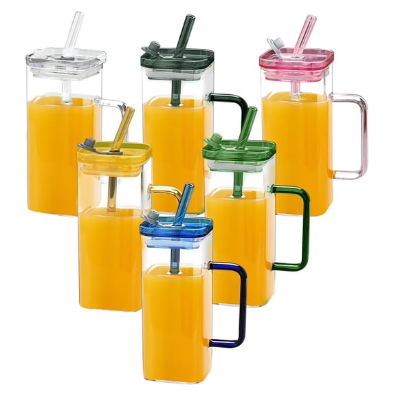 TOPCOMFY 6 Pcs Glass Straw Cup 6 Colors Square High Borosilicate Glass with Lid and Straw for Milk Juice Coffee Tea Office Use