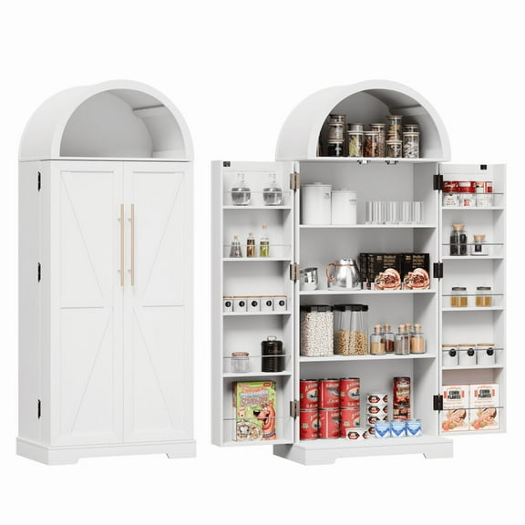 TOPCOMFY 65" Arched Storage Cabinet with Double Doors & Adjustable Shelves - Farmhouse Kitchen Pantry Organizer for Living Room, Bedroom - White