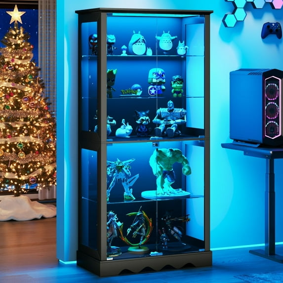 TOPCOMFY 70.8" Display Cabinet with Glass Doors, 5-Tier Curio Cabinet with 3 Color Lights for Collectibles, Glass Display Case with Lock, Storage Cabinets, Black