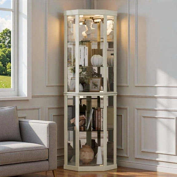 TOPCOMFY 70" Lighted Corner Curio Cabinet with Tempered Glass Doors and Shelves, Display Case with Light Bulb - Antique White