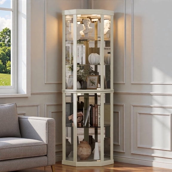 TOPCOMFY 70" Lighted Corner Curio Cabinet with Tempered Glass Doors and Shelves, Display Case with Light Bulb - Antique White