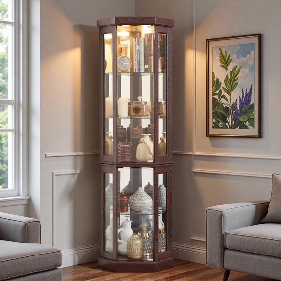 TOPCOMFY 70" Lighted Corner Curio Cabinet with Tempered Glass Doors and Shelves, Display Case with Light Bulb - Cherry