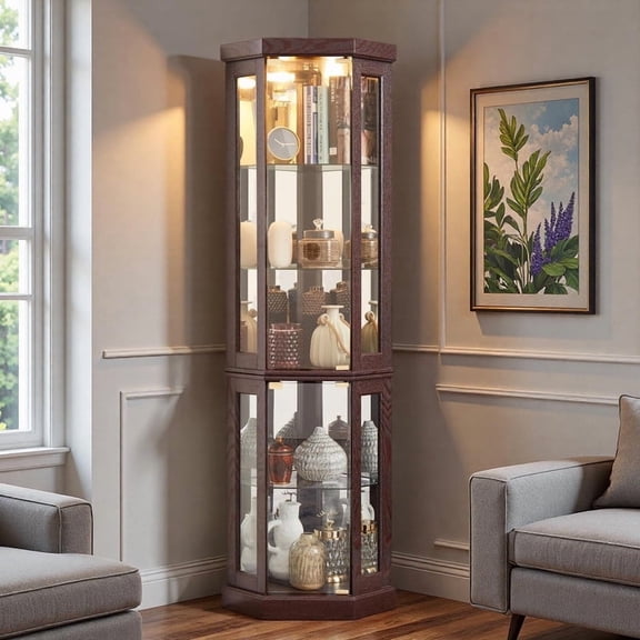 TOPCOMFY 70" Lighted Corner Curio Cabinet with Tempered Glass Doors and Shelves, Display Case with Light Bulb - Cherry