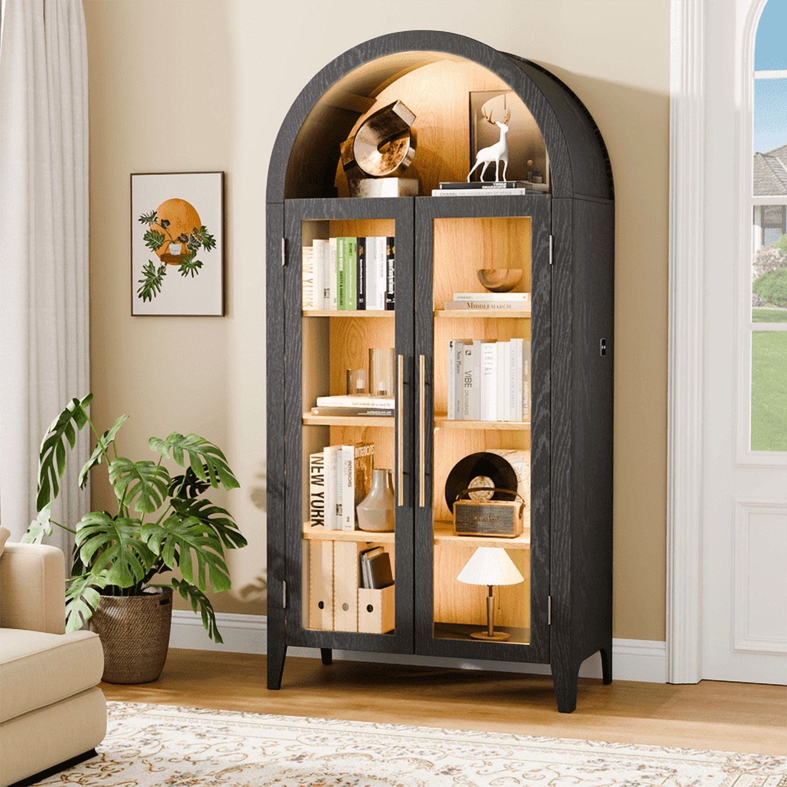 TOPCOMFY 71" Arched Storage Cabinet, Farmhouse Display Cabinet with 3-Color Lights, 5 Tier Kitchen Pantry Cupboard, Bookshelf for Living Room - Black&Oak