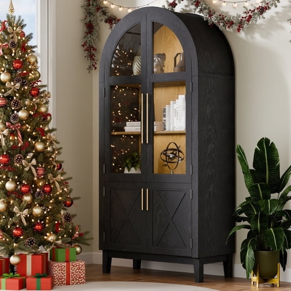 TOPCOMFY 75" Arched Cabinet with Glass Doors, Kitchen Storage Cabinet with Door, 5-Tier Arched Bookcase with Adjustable Shelves - Black&Natural