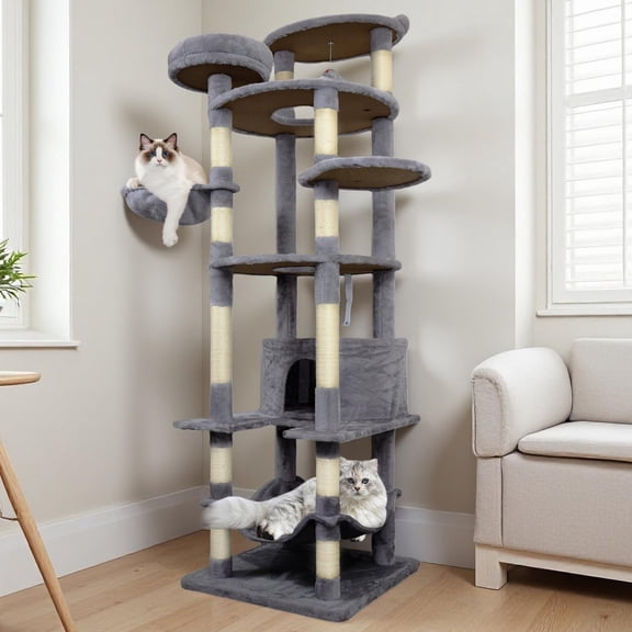 TOPCOMFY 78.8-inch Cat Tree Tower with Wide Base, Large Condo, 12 Sisal Scratching Posts, Hammock, Top Platform, Interactive Toy for Indoor Cats