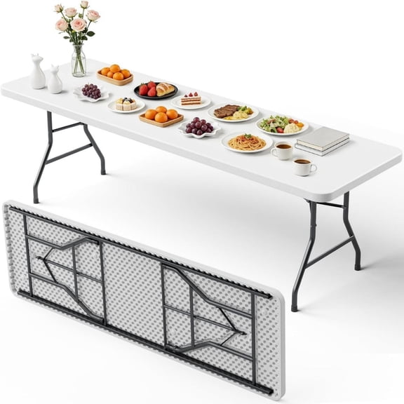 TOPCOMFY 8-Ft Folding Table Fold in Half Utility Table Adjustable Height Portable Dining Table for Indoor Outdoor Picnic Party, White