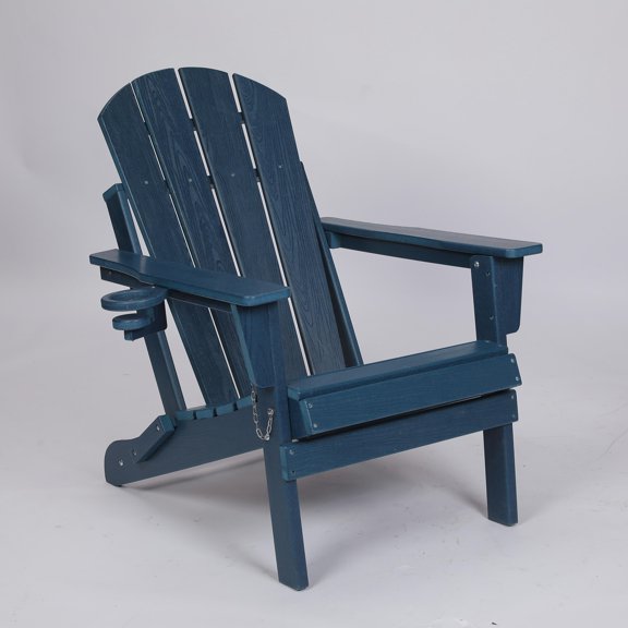 TOPCOMFY Adirondack Chair Folding HDPE Outdoor Patio Lawn Deck Fire Pit Seating with Dual Cup Holder Wood Texture Navy Blue