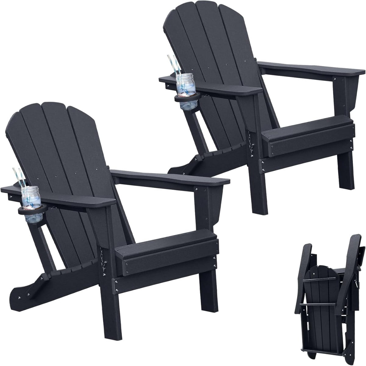 TOPCOMFY Adirondack Chair Set of 2 Folding All-Weather Plastic Outdoor Patio Lawn Fire Pit Seating with Cup Holder Black