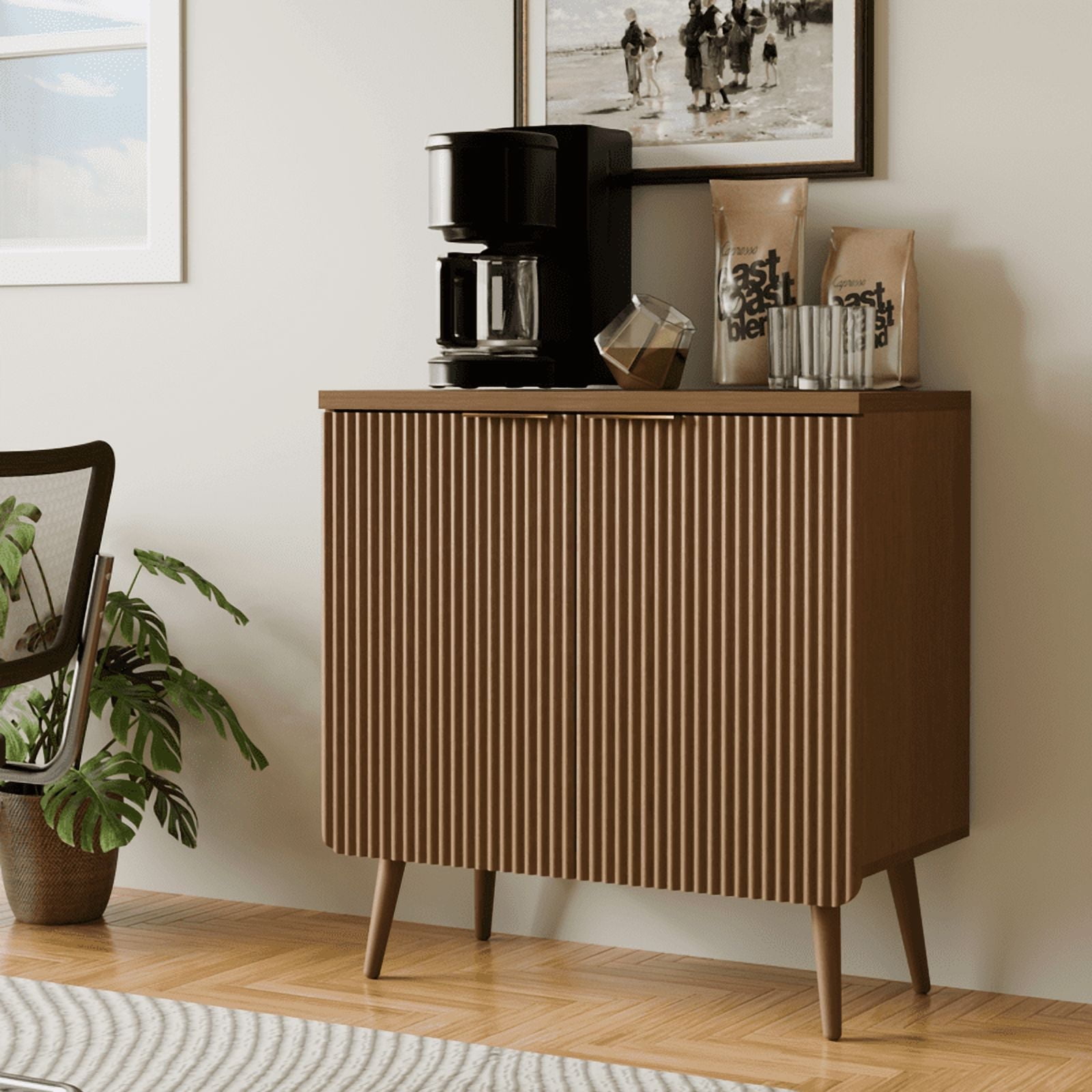 TOPCOMFY Buffet Cabinet, Sideboard Fluted Cabinet Modern Kitchen Buffet  Storage Cabinets with Doors and Shelves, Wood Farmhouse Coffee Bar Station  for ..., image size:1600x1600