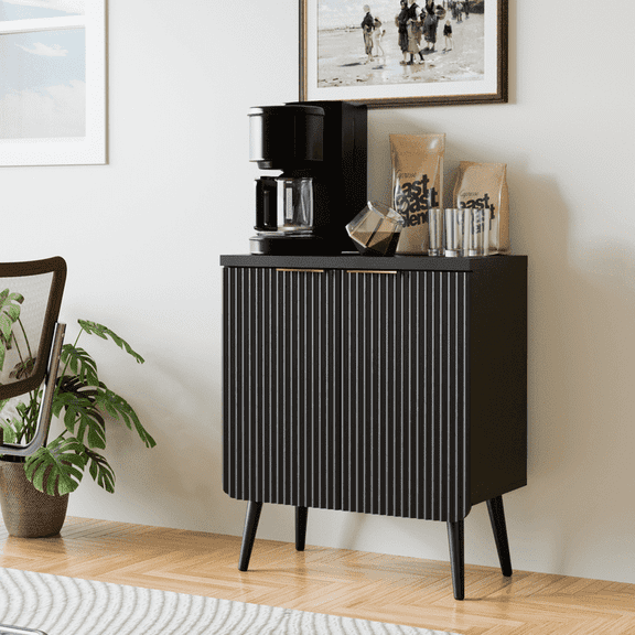 TOPCOMFY Buffet Cabinet, Sideboard Fluted Cabinet Modern Kitchen Buffet Storage Cabinets with Doors and Shelves, Wood Farmhouse Coffee Bar Station for Entryway & Dining Room & Living Room, Black