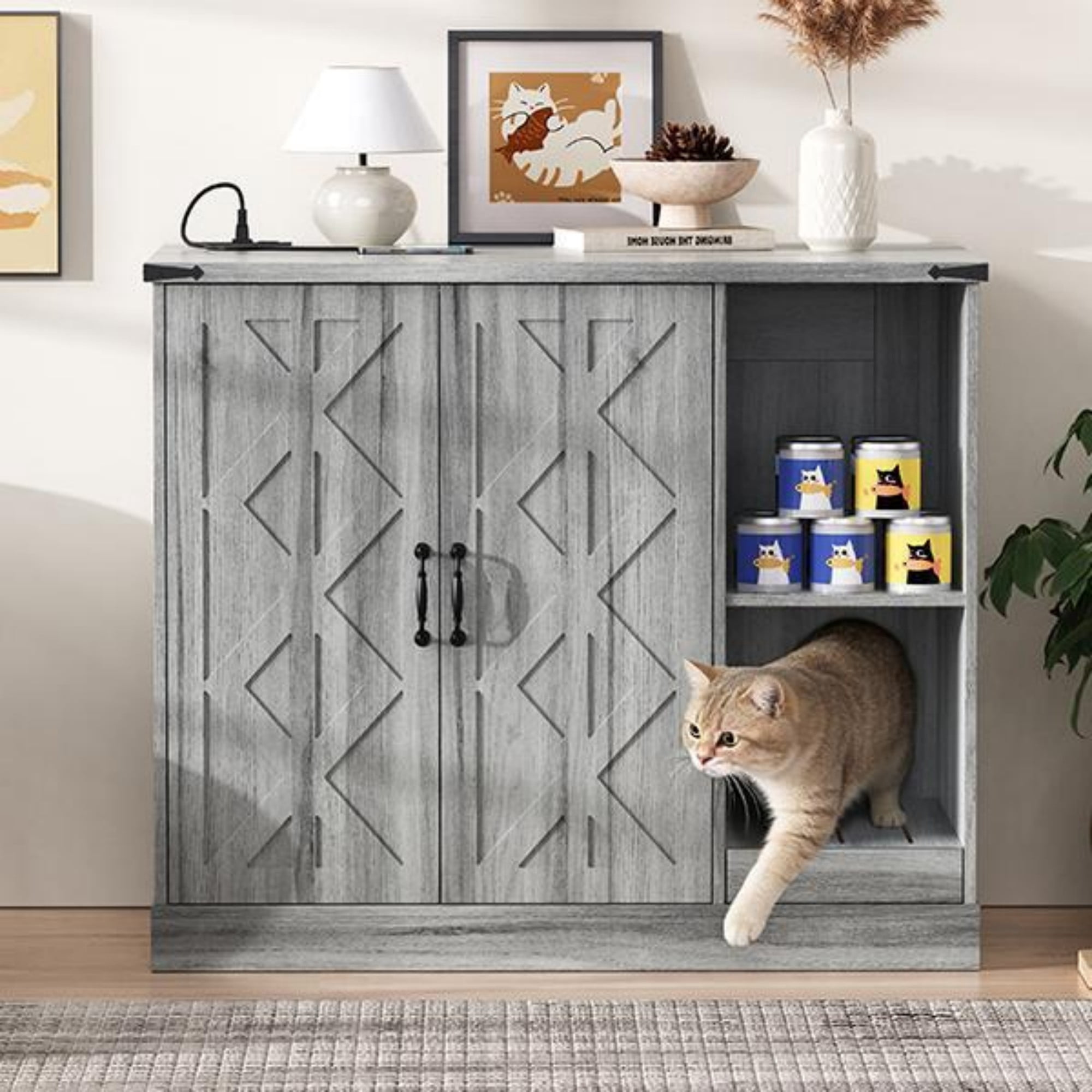 TOPCOMFY Cat Litter Box Furniture Modern Cabinet with Power Outlet Hidden Enclosure with Litter Catcher Adjustable Storage Shelves Gray for Large Automatic Litter Boxes