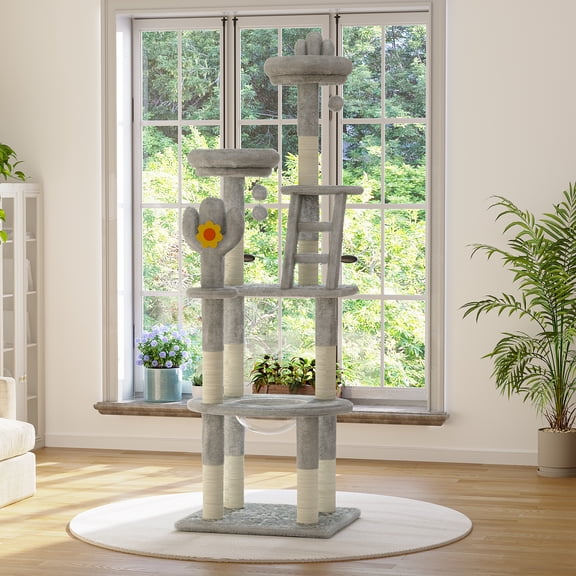 TOPCOMFY Cat Tree Tower Indoor Cactus Cat Tower with Transparent Capsule Multi-Level Perches Sisal Scratching Posts Plush Platforms and Interactive Toys for Kittens and Large Cats