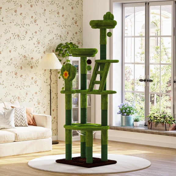 TopComfy Cat Tree Tower Tall Cactus Cat House with Transparent Capsule Sisal Scratching Posts Plush Perches and Interactive Toys Multi-Level Indoor Activity Center for Cats