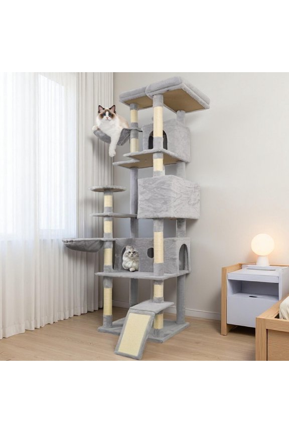 Cat Tree Tower Wide Base 3 Hidden Condos 11 Sisal Scratching Posts Ladder Hammocks Top Platform Interactive Toys Plush Indoor Cats